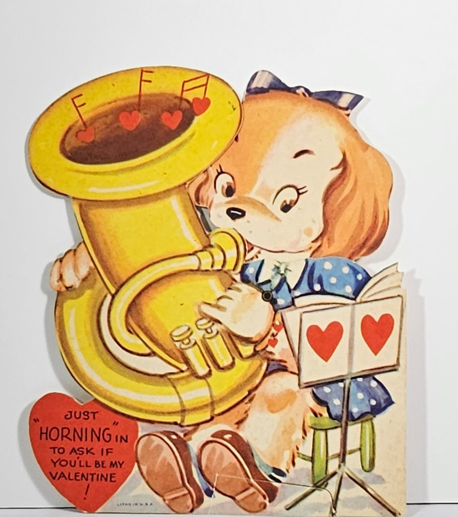 Vintage Mechanical Anthropomorphic Valentine Card Little Cocker Spaniel Puppy Girl in Dress Playing Tuba