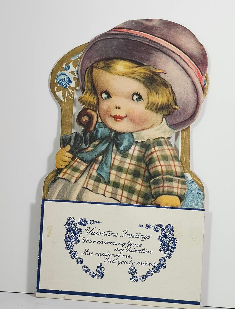 Vintage Die Cut Fold Down Valentine Card Child with Suitcase & Umbrella Wearing Tweed Jacket Pink Honeycomb Puff