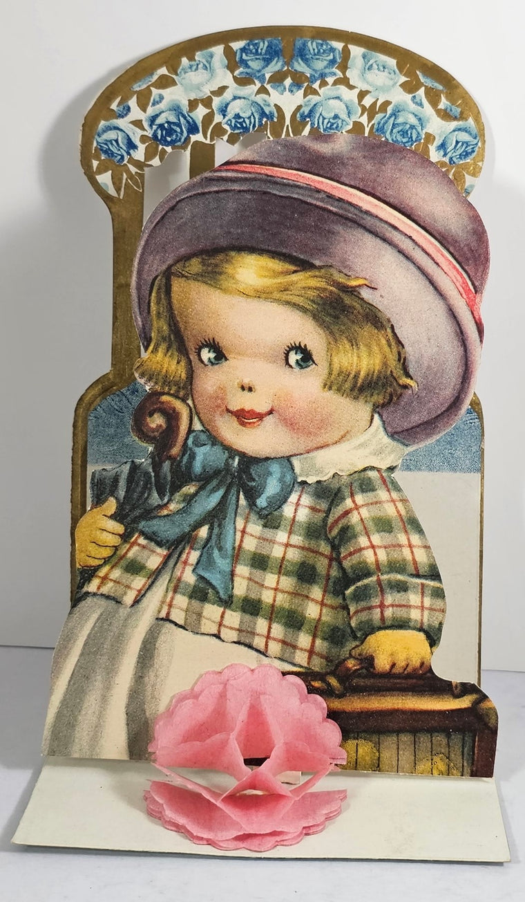 Vintage Die Cut Fold Down Valentine Card Child with Suitcase & Umbrella Wearing Tweed Jacket Pink Honeycomb Puff