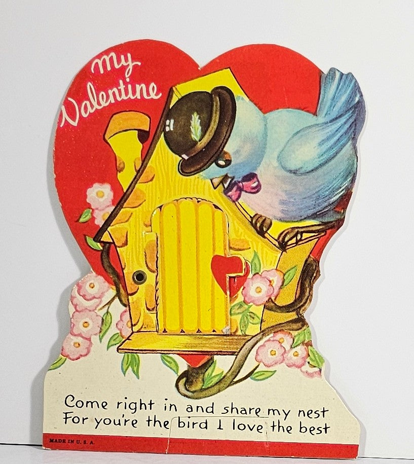 Vintage Mechanical Valentine Card Bird in Hat & Bow Tie Little Bird Behind Door Holding Heart