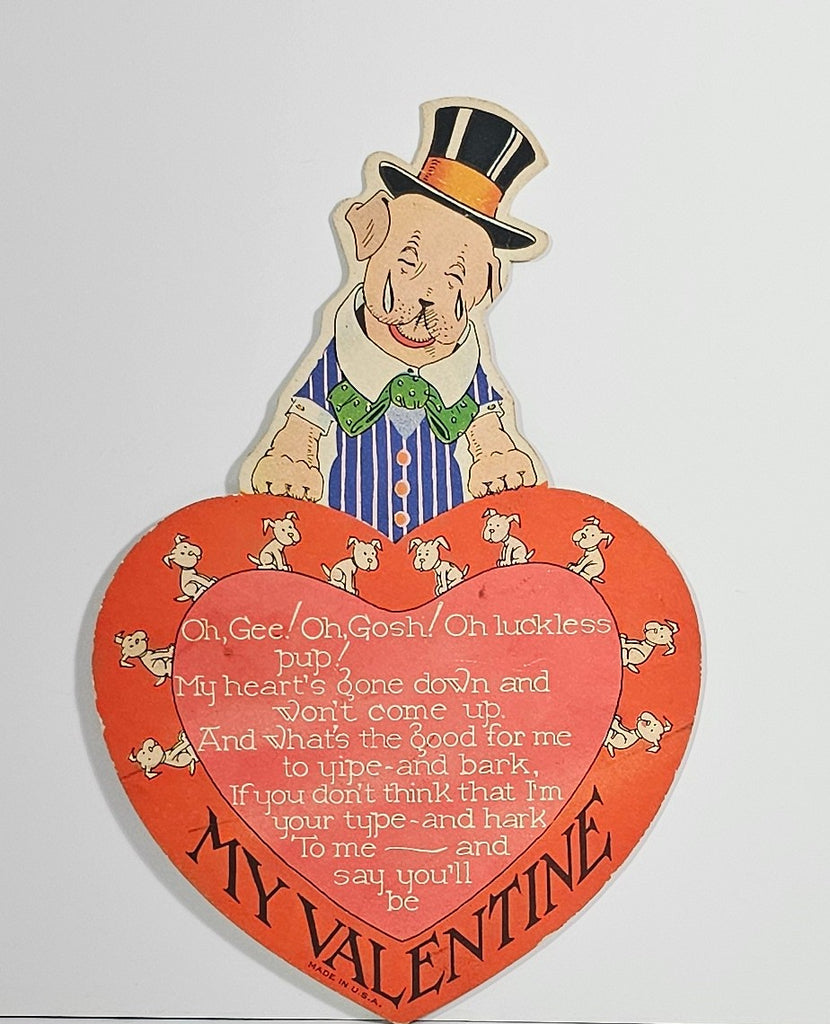 Vintage Die Cut Valentine Card Dog in Top Hat & Suit Over Giant Heart with Poem