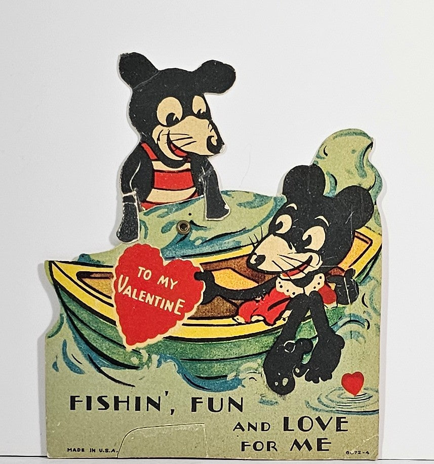 Vintage Mechanical Valentine Card Early "Disney" Mickey & Minnie Mouse Fishing in Boat
