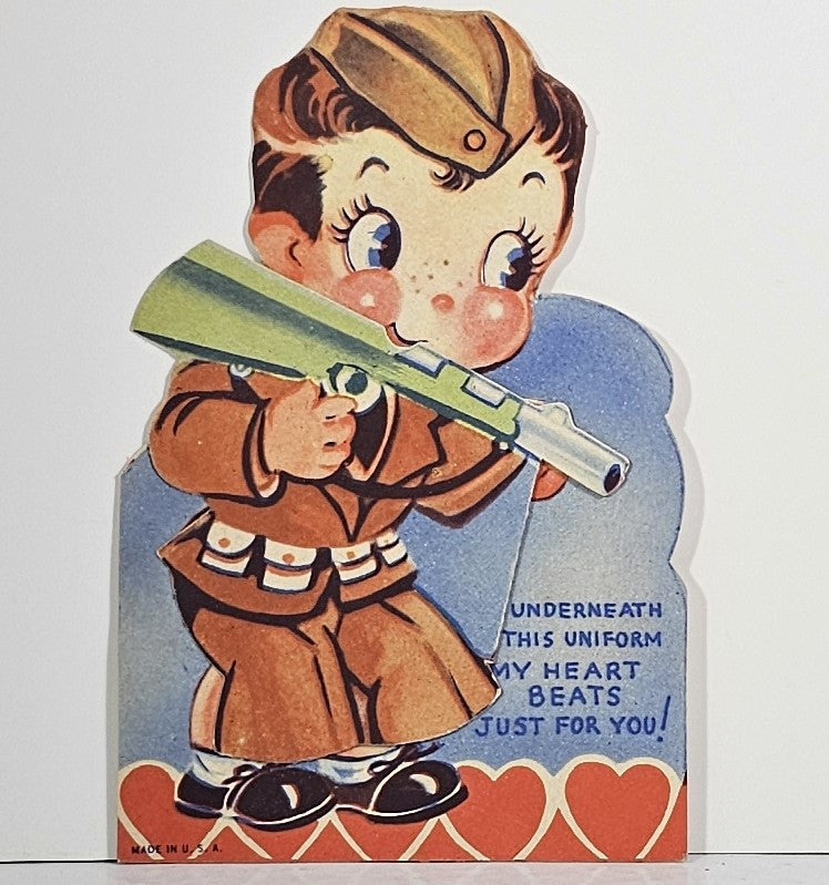 Vintage Valentine Card Pop Open Reveal Soldier Boy Uniform Pops Off Underneath Heart Beats For You