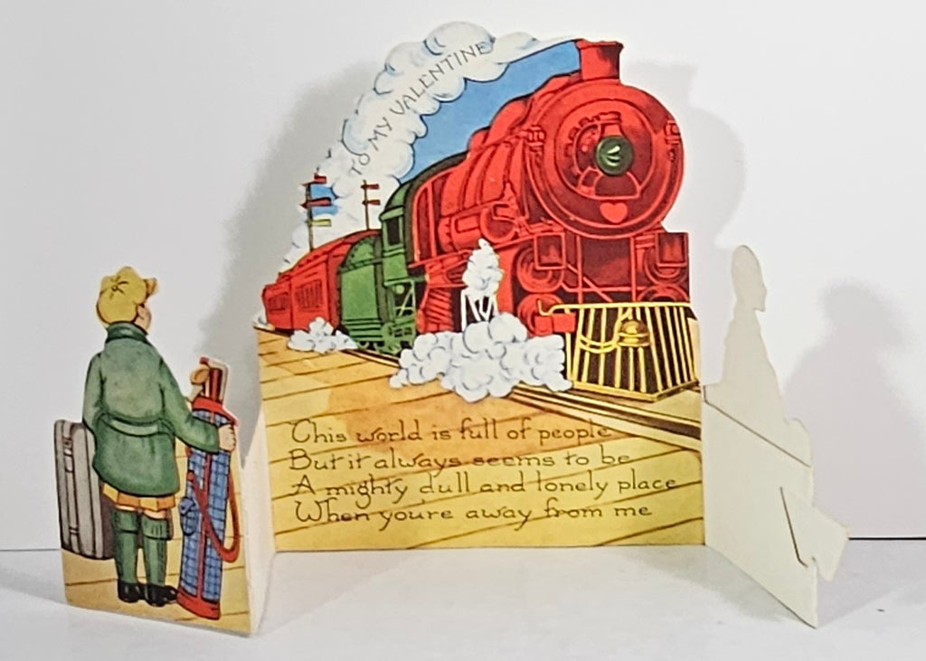 Vintage Die Cut Valentine Card Waiting as Train Pulls In Opens To Poem About Missing Your Loved One
