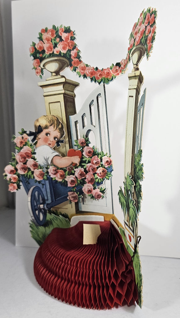 Antique Die Cut Honeycomb 3D Stand Up Card Artist Chloe Preston Little Girl in Wagon Garden Gate with Flowers