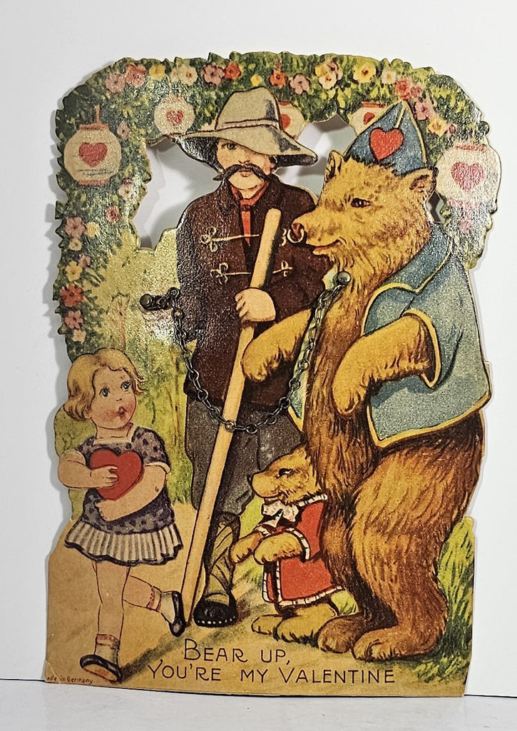 Antique Die Cut Valentine Card Bears Dressed In Jackets with Forest Ranger and Frightened Little Girl