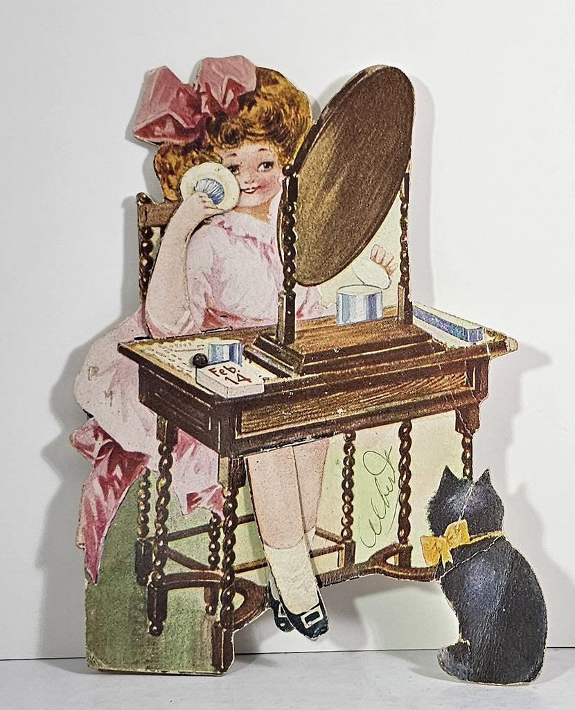 Antique Die Cut Mechanical Valentine Card Little Girl with Powder Puff at Vanity Mirror While Black Kitty Cat Watches