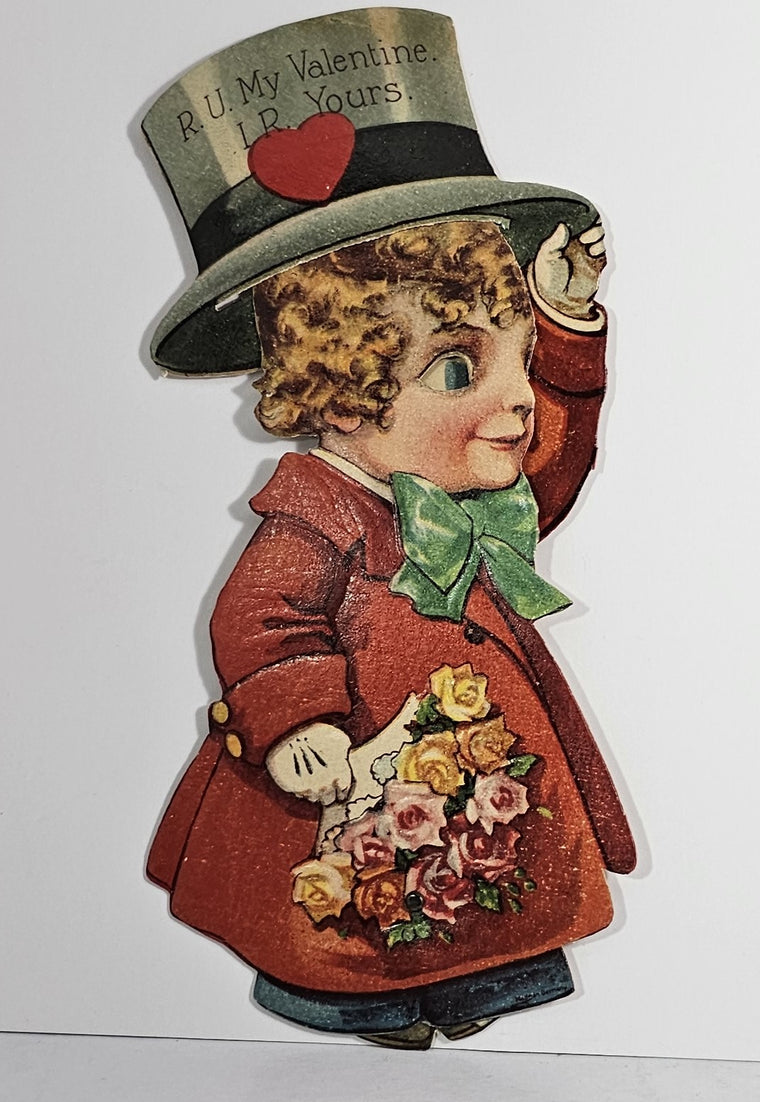 Antique Mechanical Valentine Card Walker Style Boy in Top Hat Coat Holding Flowers