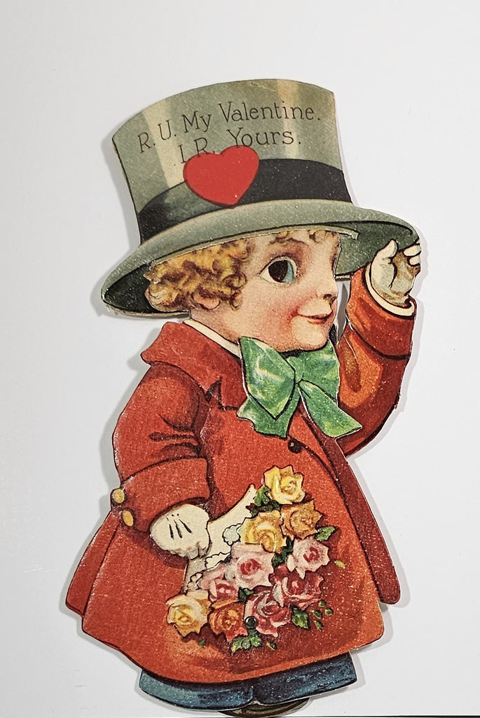 Antique Mechanical Valentine Card Walker Style Boy in Top Hat Coat Holding Flowers