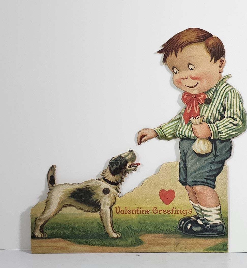 Antique Mechanical Die Cut Valentine Card Artist Twelvetrees Boy Training Dog with Treats