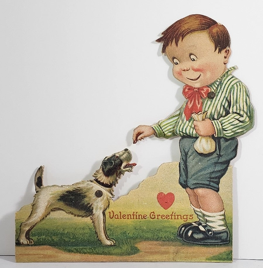 Antique Mechanical Die Cut Valentine Card Artist Twelvetrees Boy Training Dog with Treats