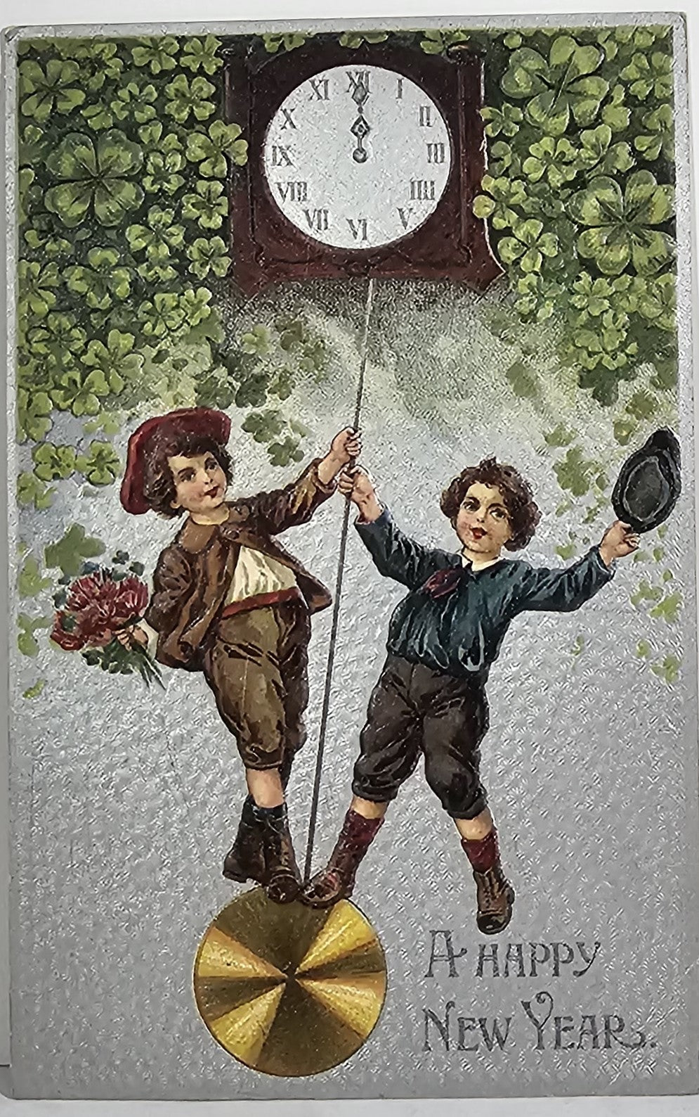New Year Postcard Children Under Clock Swinging Pendulum Silver Embossed Background Series 702