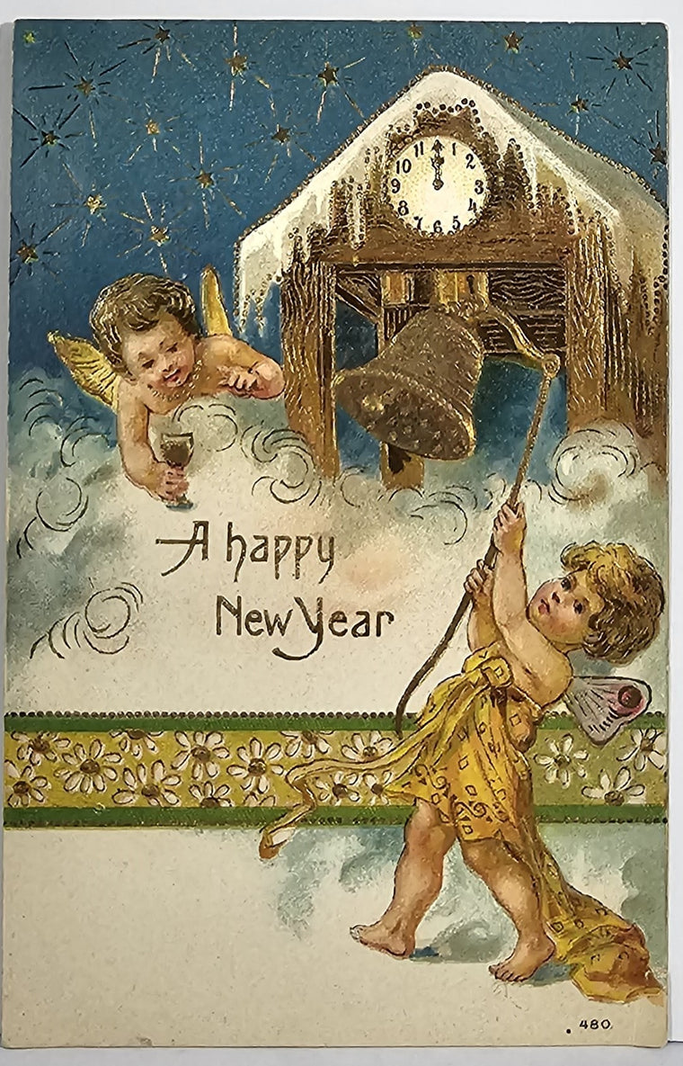 New Year Postcard Putti Cherubs Ringing Bells in Clouds Gold Embossed with Stars
