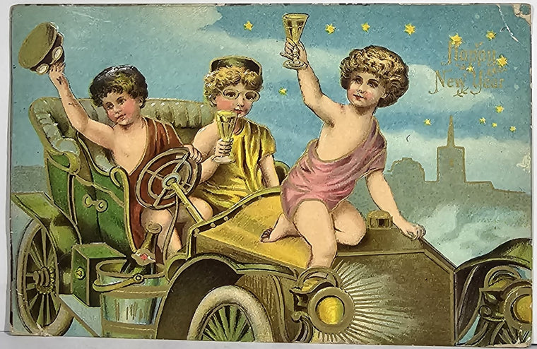 New Year Postcard Gold Highlighted Cherubs Drinking Champagne in Old Timey Car