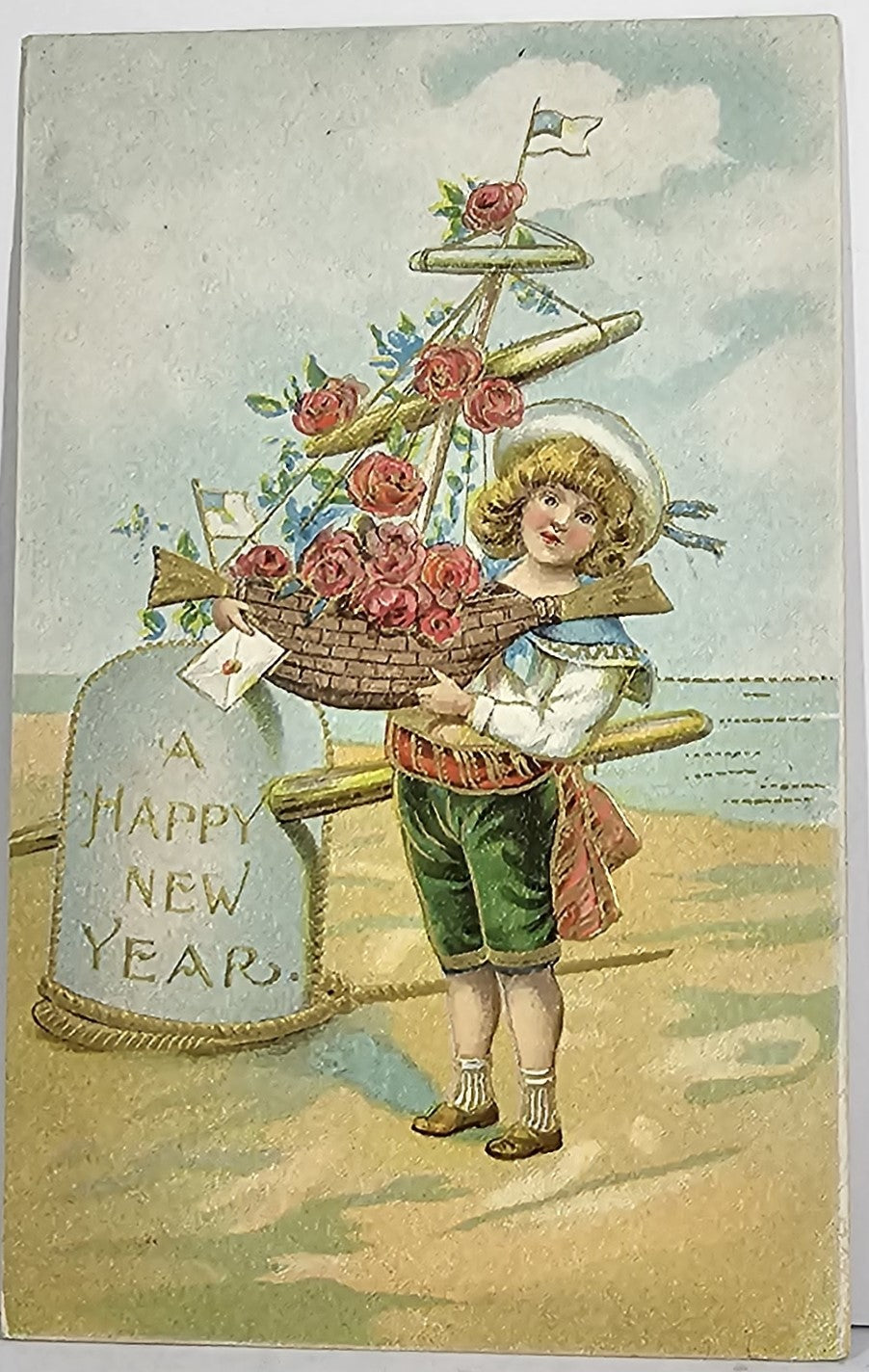 New Year Postcard German Embossed Sailor Boy Holding Ship with Roses