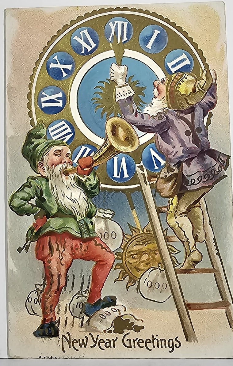 Elves Gnomes Dwarves Celebrating New Year Holiday Above Giant Clock Postcard