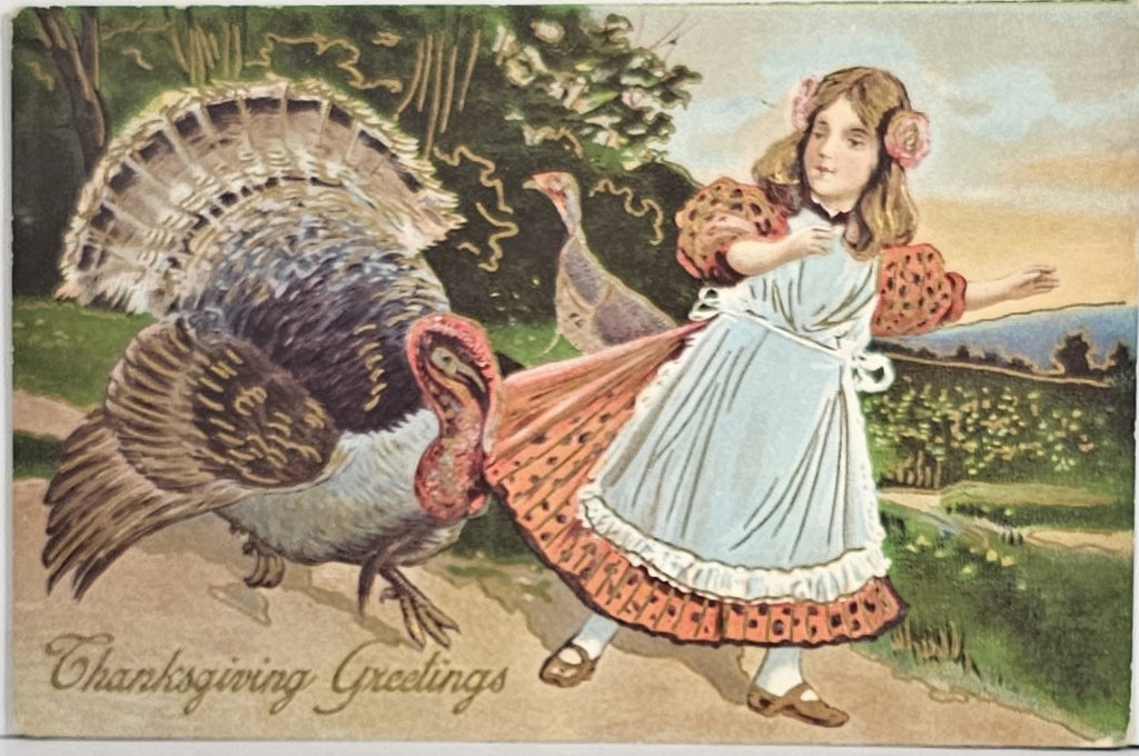 Thanksgiving Postcard Young Girl Walking with Giant Turkey Gold Embossed