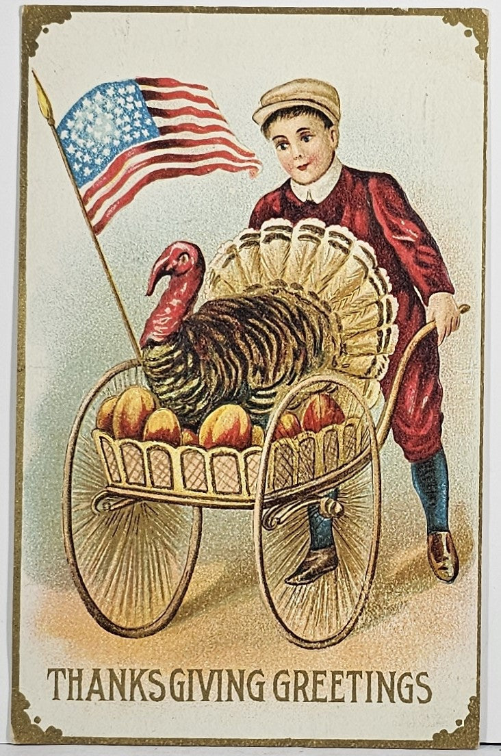 Patriotic Thanksgiving Postcard Boy Pushes Turkey with American Flag in Cart Gold Gild Embossed P36