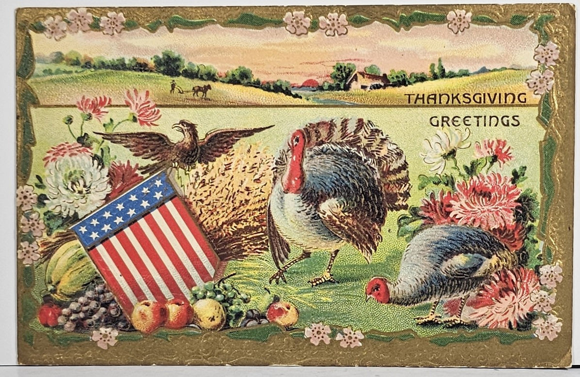Patriotic Thanksgiving Postcard Gold Embossed Turkeys in Field with Harvest and American Flags