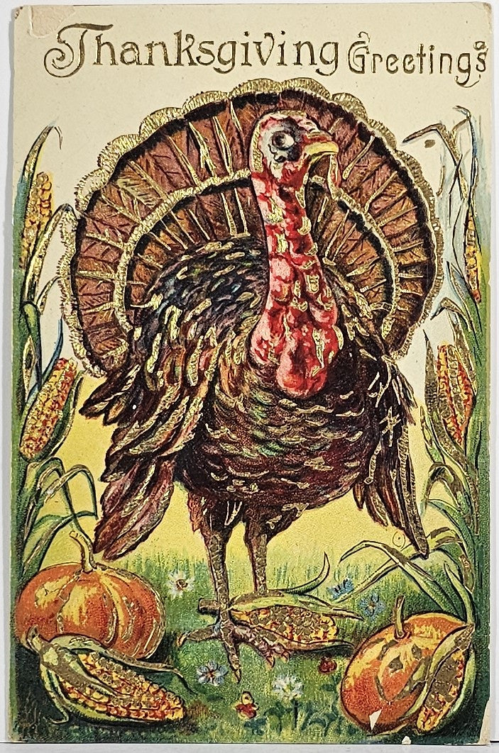 Thanksgiving Postcard Giant Turkey Standing with Fall Harvest Food Gold Embossed