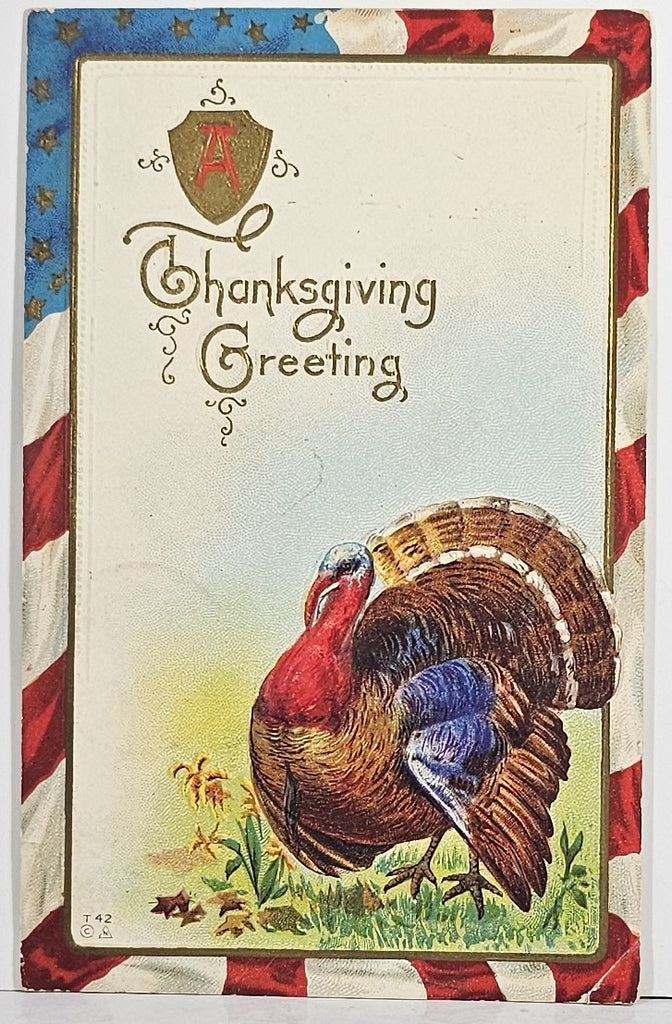 Thanksgiving Postcard Patriotic Theme with Red White Blue Flag Border with Turkey in Corner