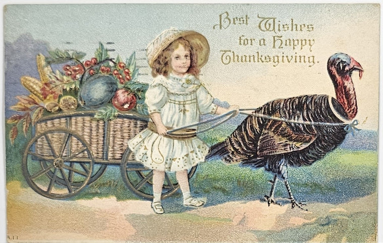 Thanksgiving Postcard Little Girl Dressed Up Walking Next to Cart Loaded with Harvest Pulled By Turkey