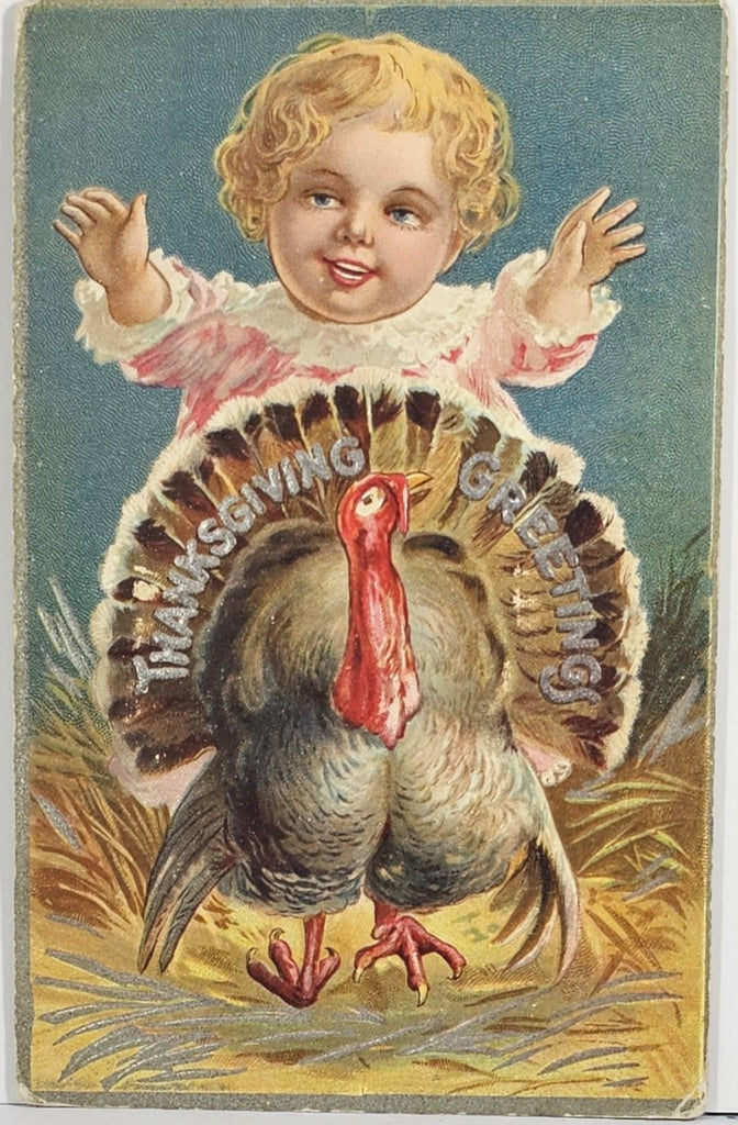 Thanksgiving Postcard Little Baby With Giant Turkey Silver Embossed