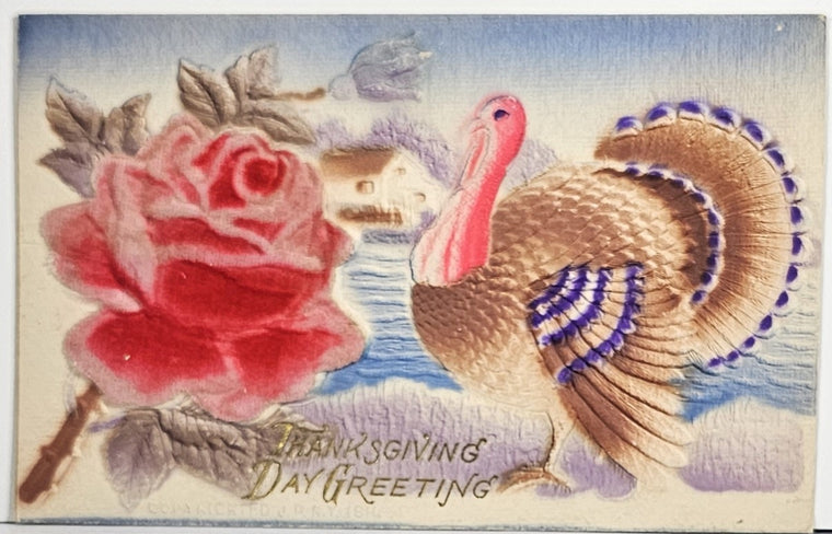 Thanksgiving Postcard Turkey with Homestead and Giant Rose Airbrush Velvet Silk Style Card