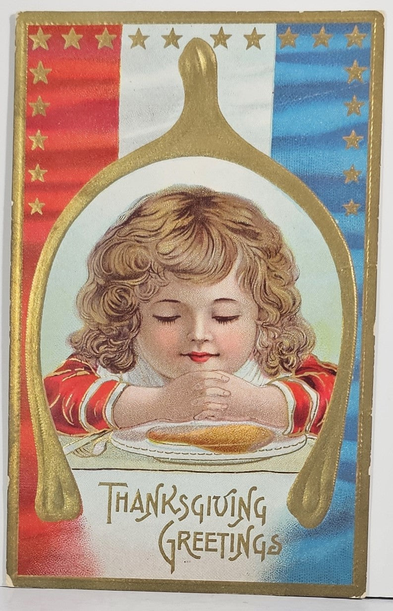 Thanksgiving Postcard Patriotic Themed Child Saying Blessing Red White Blue Color with Gold Embossed
