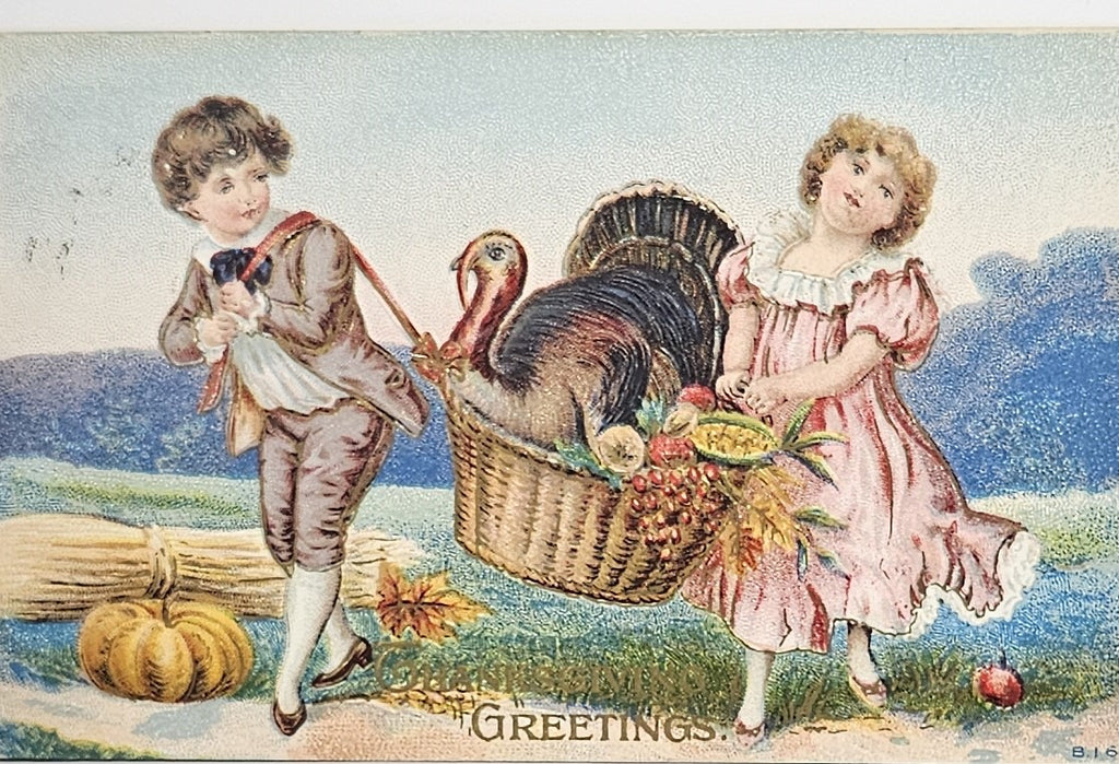 Thanksgiving Postcard Children Carrying Large Basket with Turkey & Harvested Vegetables