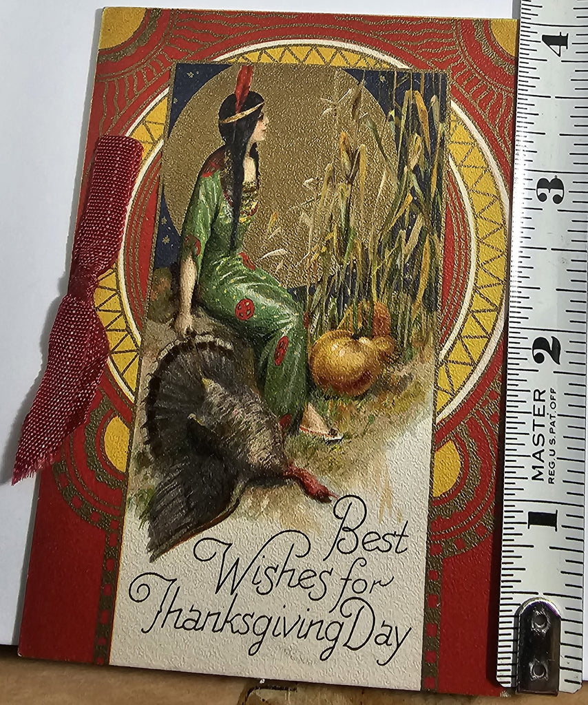 Rare Thanksgiving Greeting Card Artist Schmucker Native American Woman Holding Turkey John Winsch Publishing