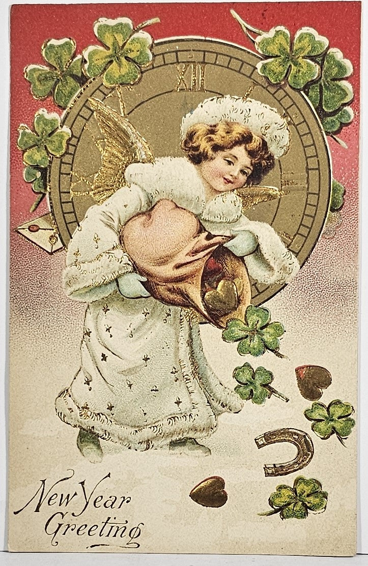 New Year Postcard Young Child with Wings in White Coat Sprinkling Good Luck Gold Highlights