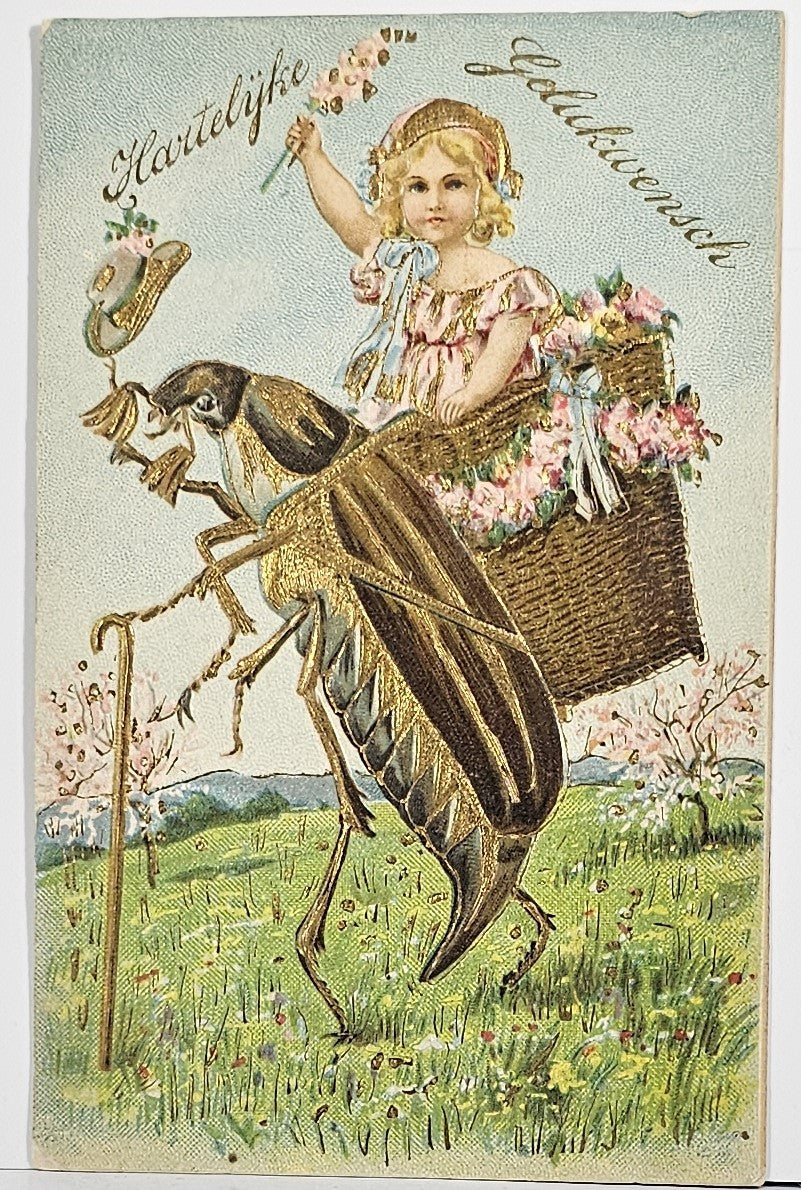 German Greetings Postcard Child Riding  Anthropomorphic Grasshopper in Hat and Cane Gold Embossed