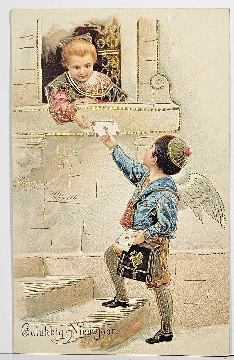 New Year Postcard German Greeting Angel Boy Delivering Letter To Girl in Window Gold Embossed Series 6220 PFB Pub