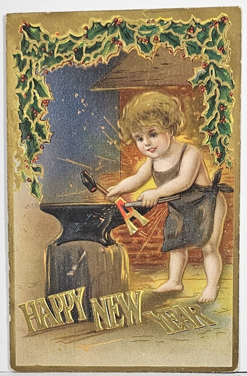 New Year Postcard Baby Time Blacksmith Gold Embossed Background
