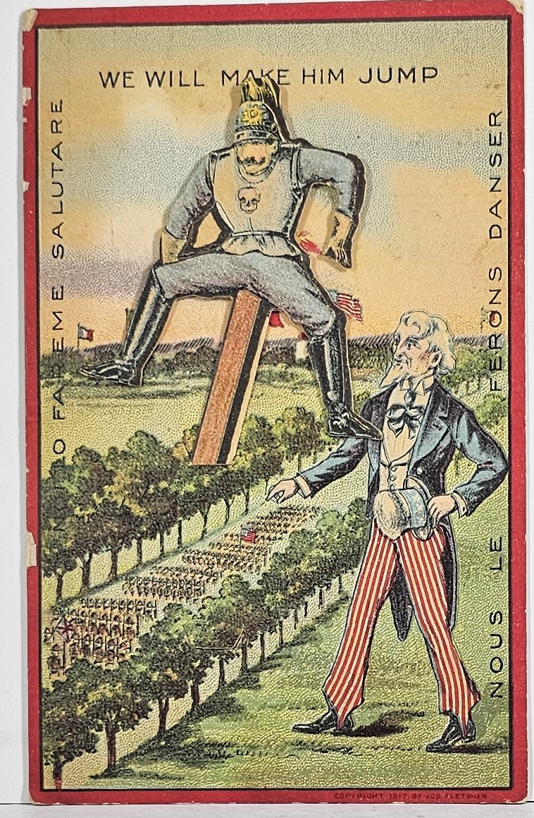 Patriotic Postcard RARE Mechanical WWI Uncle Sam Making Kaiser Jump French Writing on Side