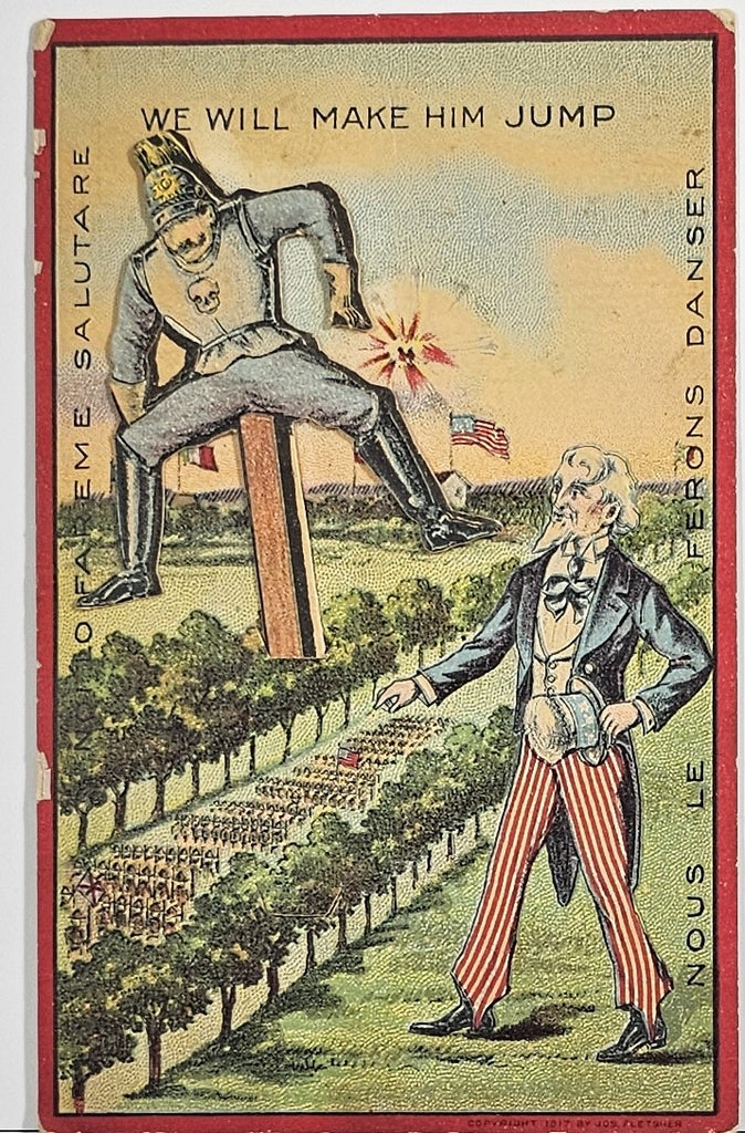Patriotic Postcard RARE Mechanical WWI Uncle Sam Making Kaiser Jump French Writing on Side