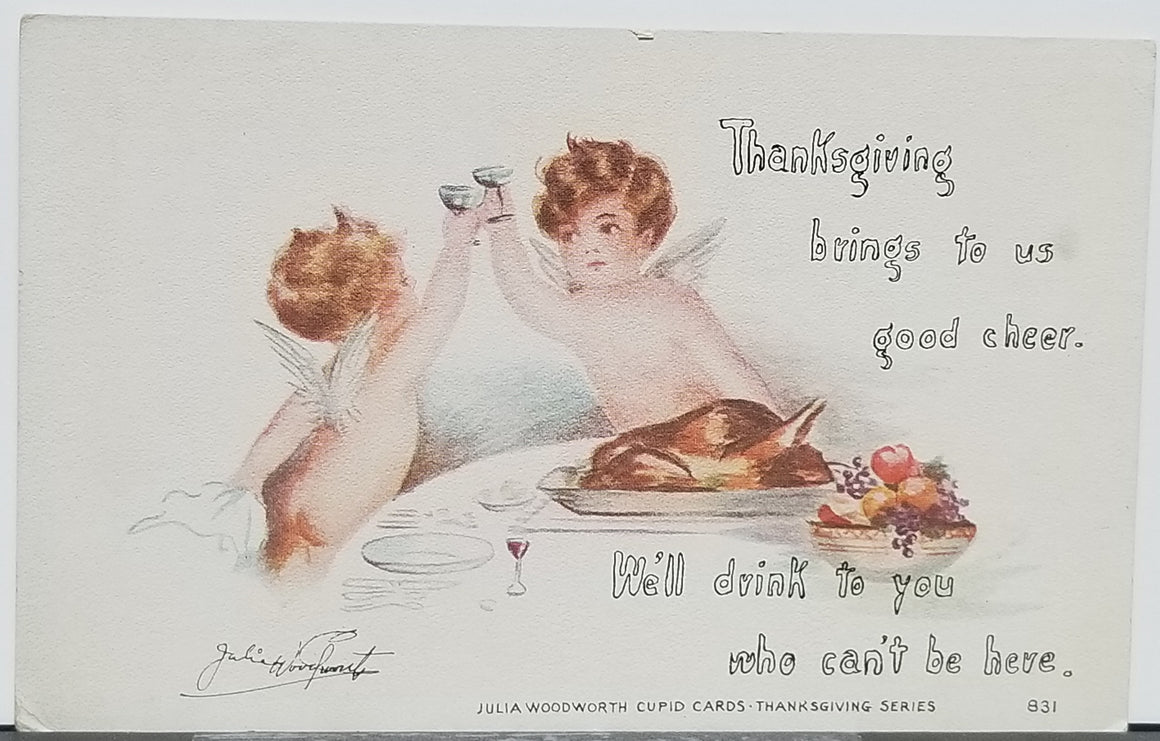 Thanksgiving Postcard Artist Julia Woodworth Cupids Card Series 831 Little Angels Toasting Over Dinner