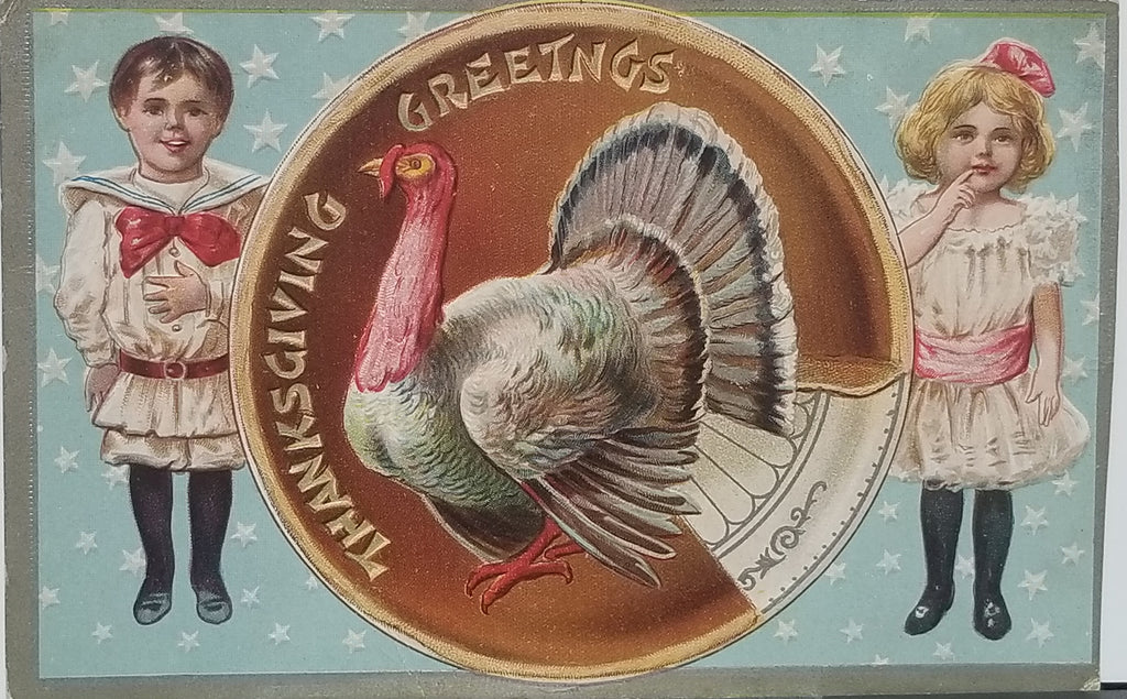 Thanksgiving Postcard Embossed Children Turkey in Center Series No 1