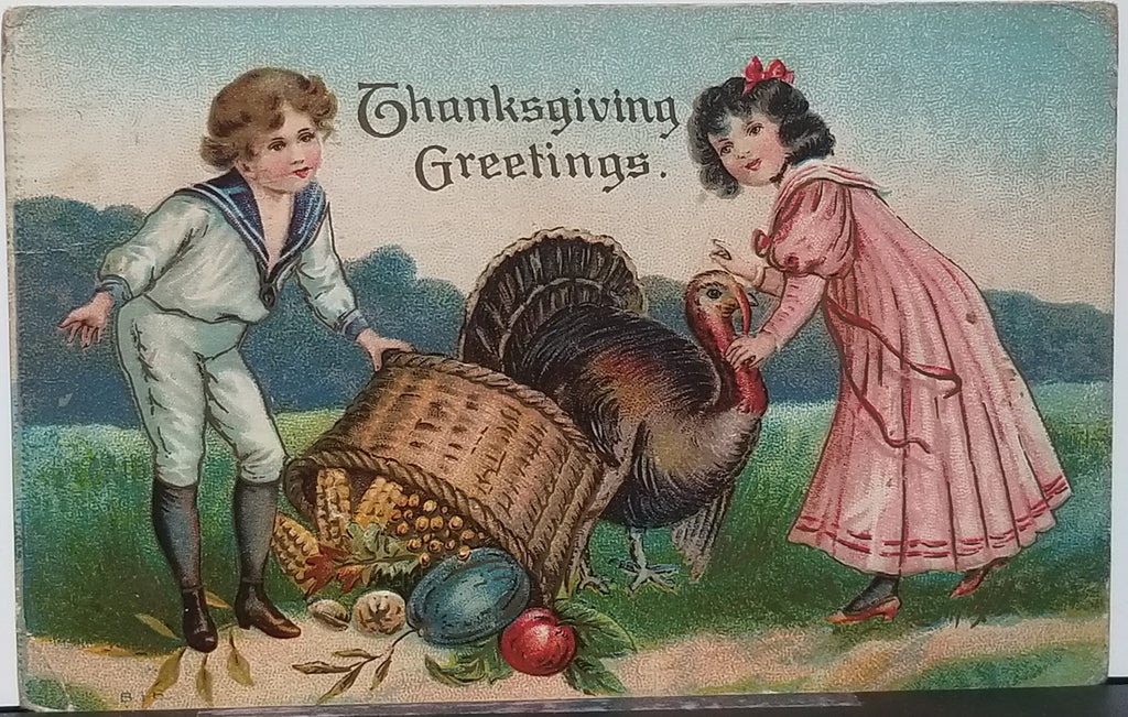 Thanksgiving Postcard Embossed Children with Turkey and Fallen Harvest Basket