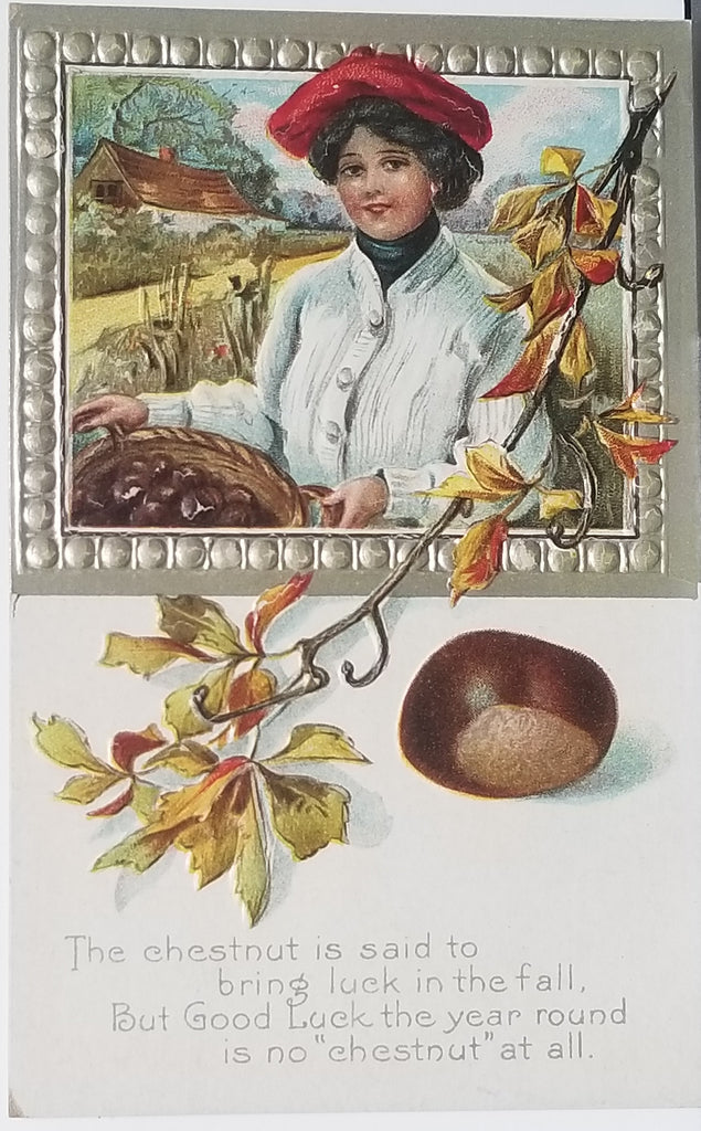 Thanksgiving Postcard Embossed Card Woman in Autumn Landscape Holding Basket of Chestnuts