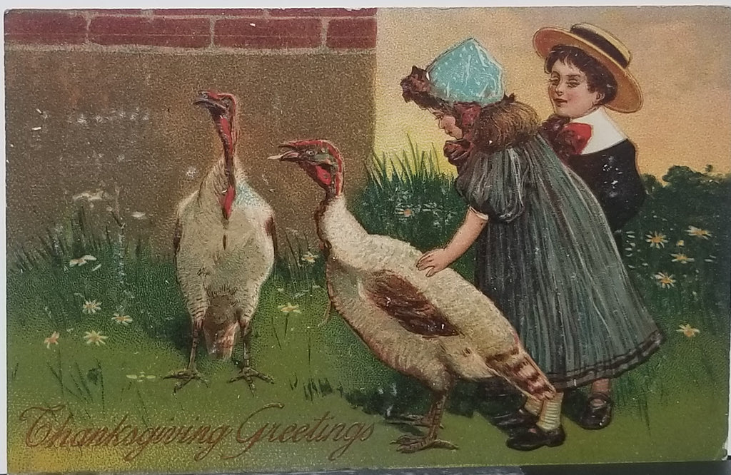 Thanksgiving Postcard Embossed Children with White Turkey Birds PFB Publishing Series 8429