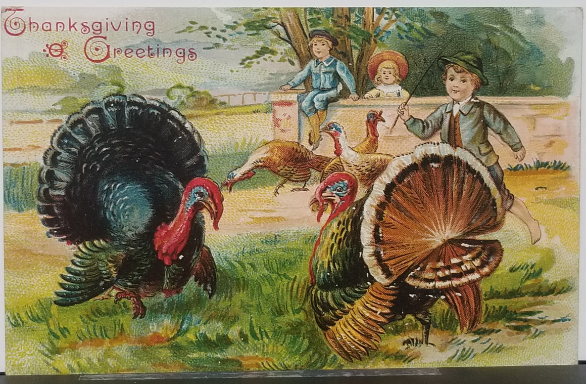 Thanksgiving Postcard Embossed Children with Large Turkey Gobbler Birds Series No 669
