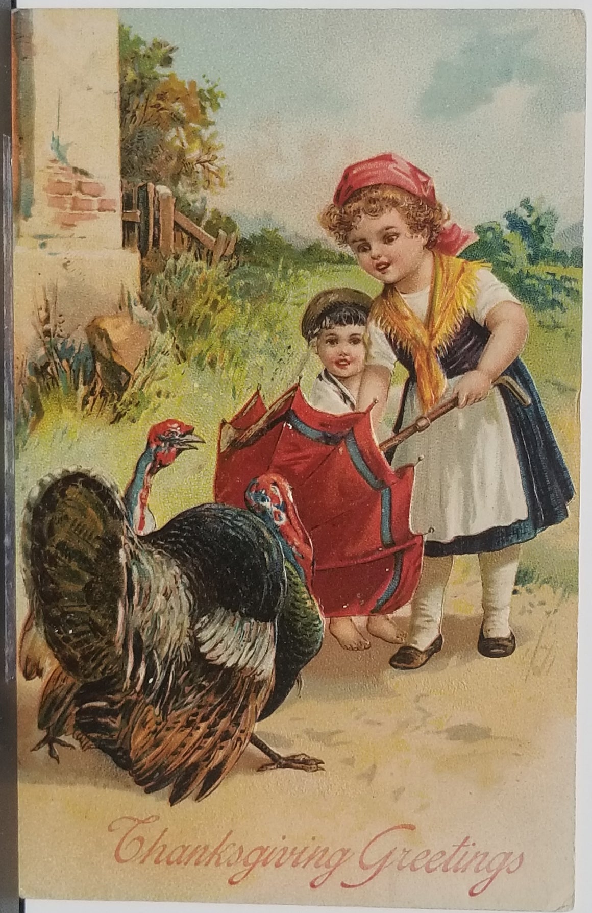 Thanksgiving Postcard Embossed Children with Turkey PFB Pub. Series 8857