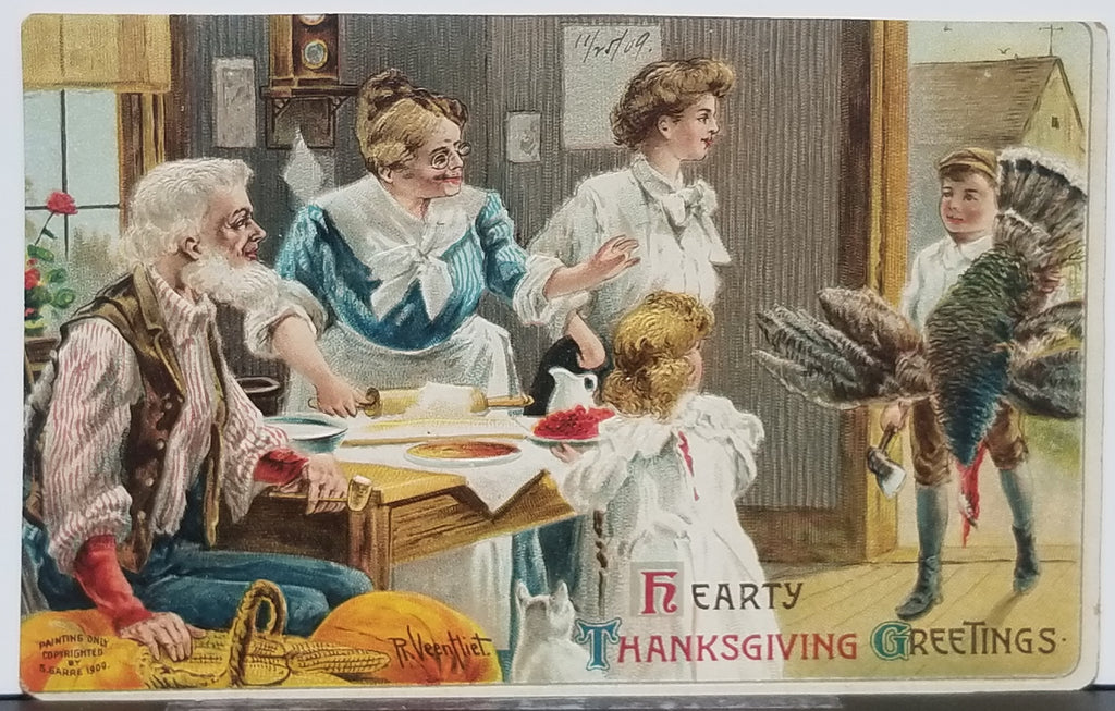 Thanksgiving Postcard Embossed Family Seated at Table Boy with Turkey Artist Veenhiet