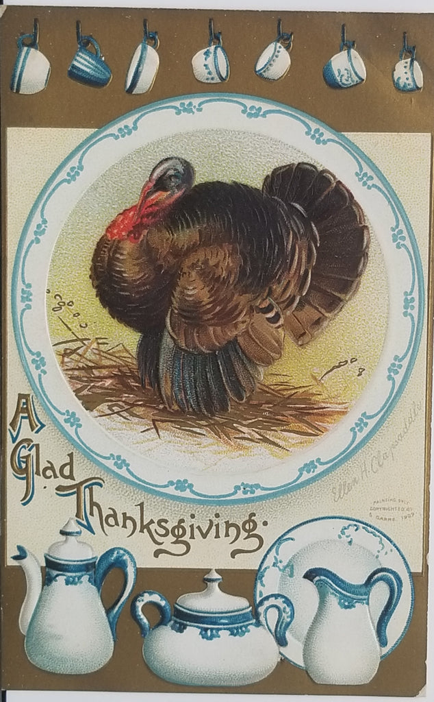 Thanksgiving Postcard Embossed Turkey and Pots Artist Ellen Clapsaddle Series 51670