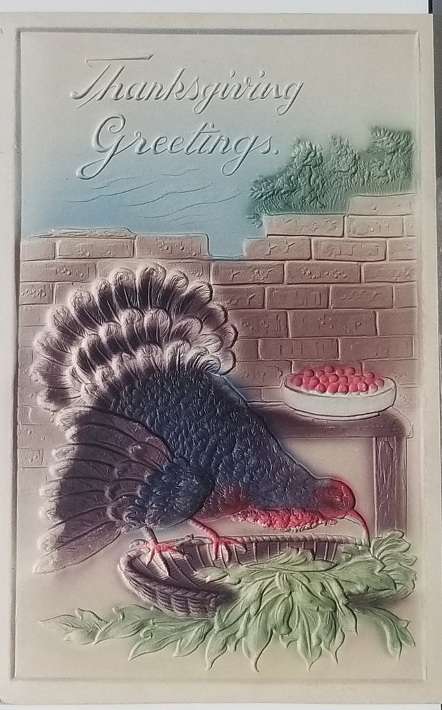 Thanksgiving Postcard Embossed Turkey Eating Green Leaves Cranberry Bowl Above Card is Hand Painted with Air Brush Technique MHB Publishing