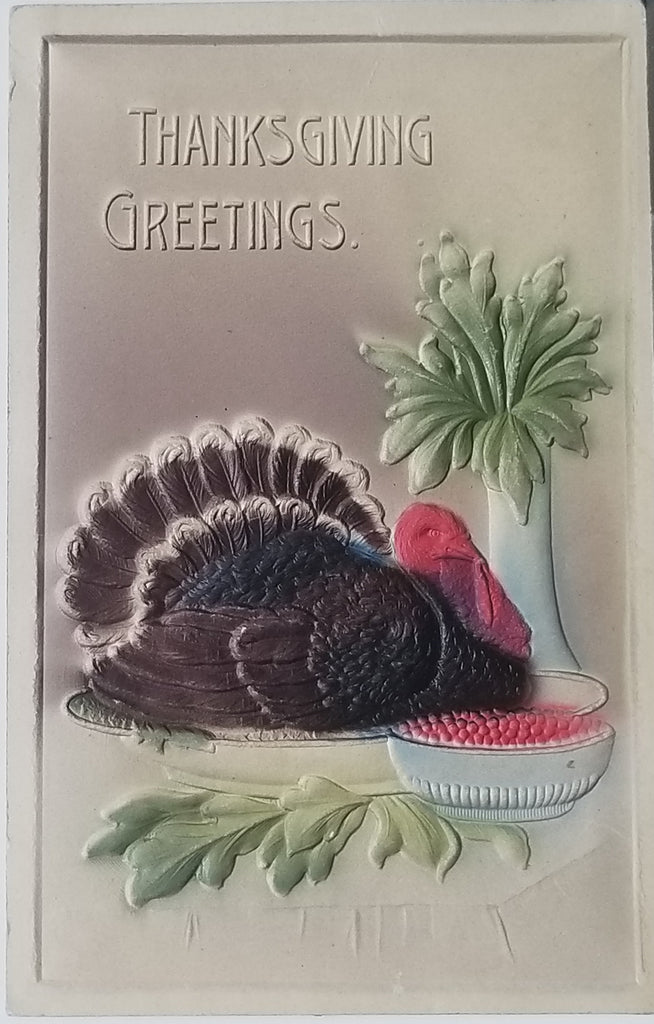 Thanksgiving Postcard Embossed Turkey at Table Card is Hand Painted with Air Brush Technique MHB Publishing