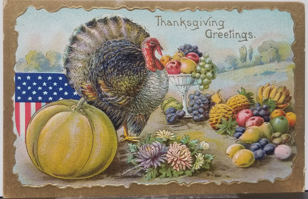 Thanksgiving Postcard Embossed Turkey Gobbler Autumn Harvest Baskets & Flowers American Flag Shield Gold Border Series 2000