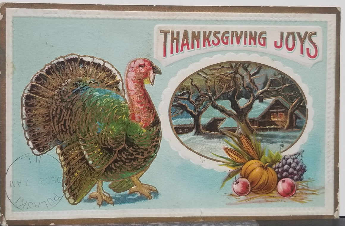 Thanksgiving Postcard Embossed Turkey Gobbler Autumn Harvest Blue Background Gold Highlights Series 33B